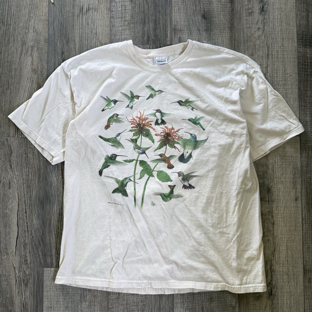 Vtg 90s Cotton Hummingbird Graphic T-Shirt Floral XL Tom Griffin Nature Retro